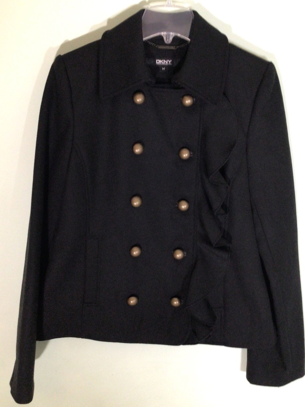 DKNY Pea Coat Sz M Black Ruffle Whimsy Goth Stadium Jacket Military